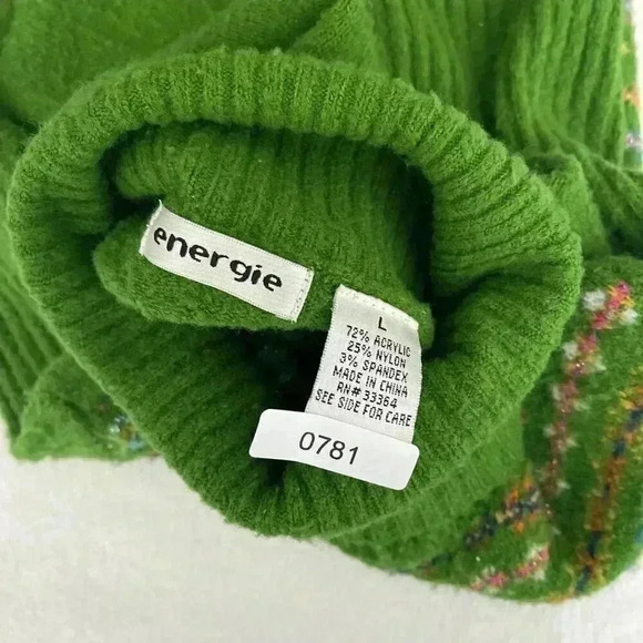 Vintage Knit Sweater Size L Green Y2K Fair Isle Turtleneck Energie Chunky - Picture 5 of 9